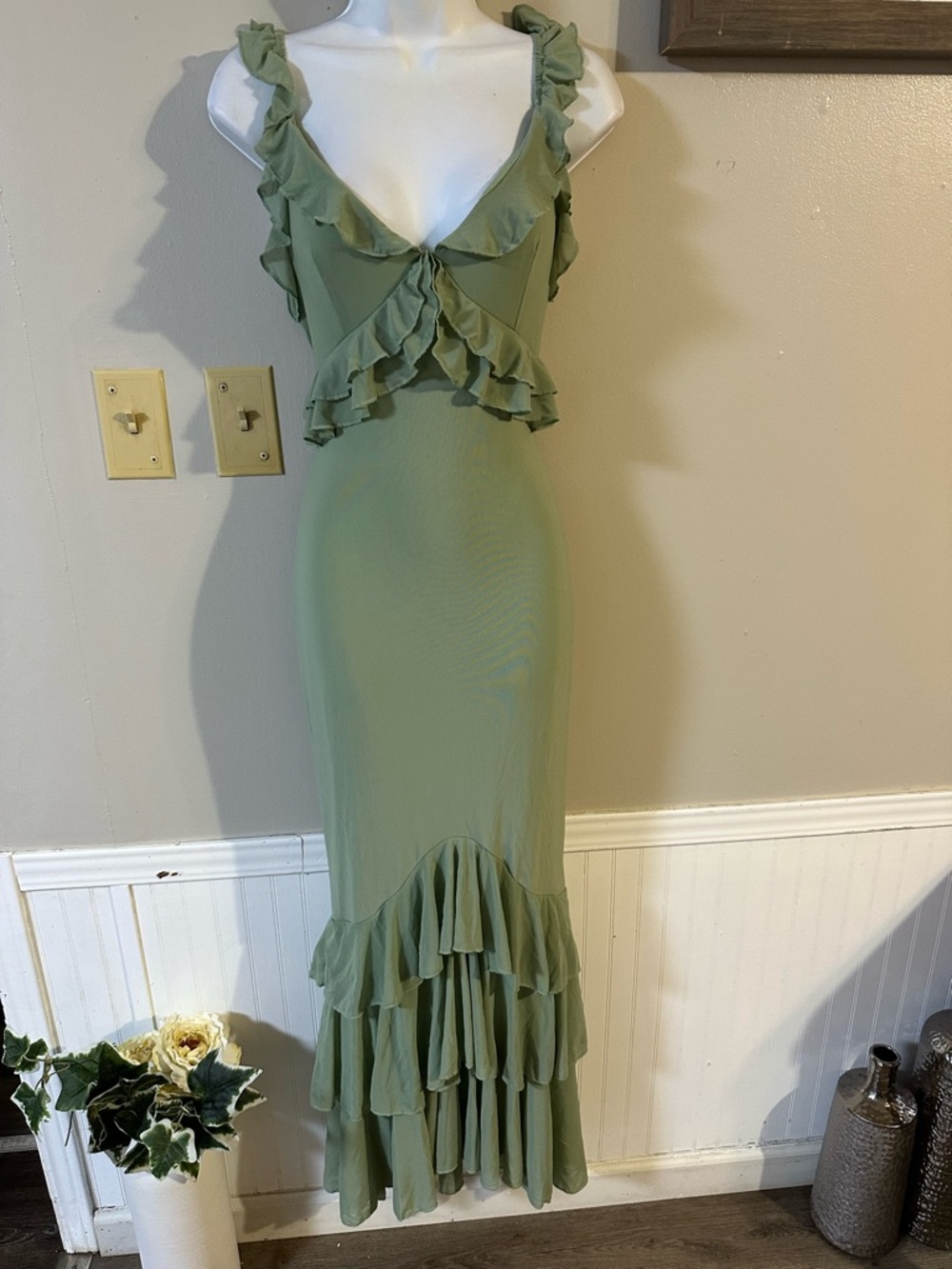 Elegant Sage Ruffle Maxi Dress